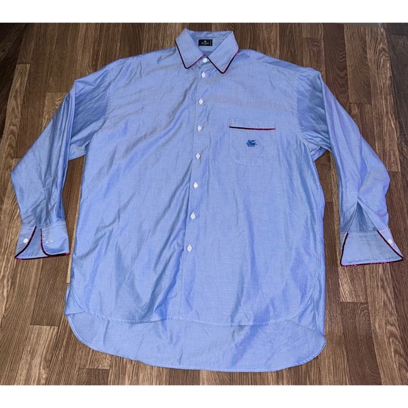 Etro Milano Men's Dress Shirt Long Sleeve Blue Red Trim Button Up Size 46 - Picture 1 of 5